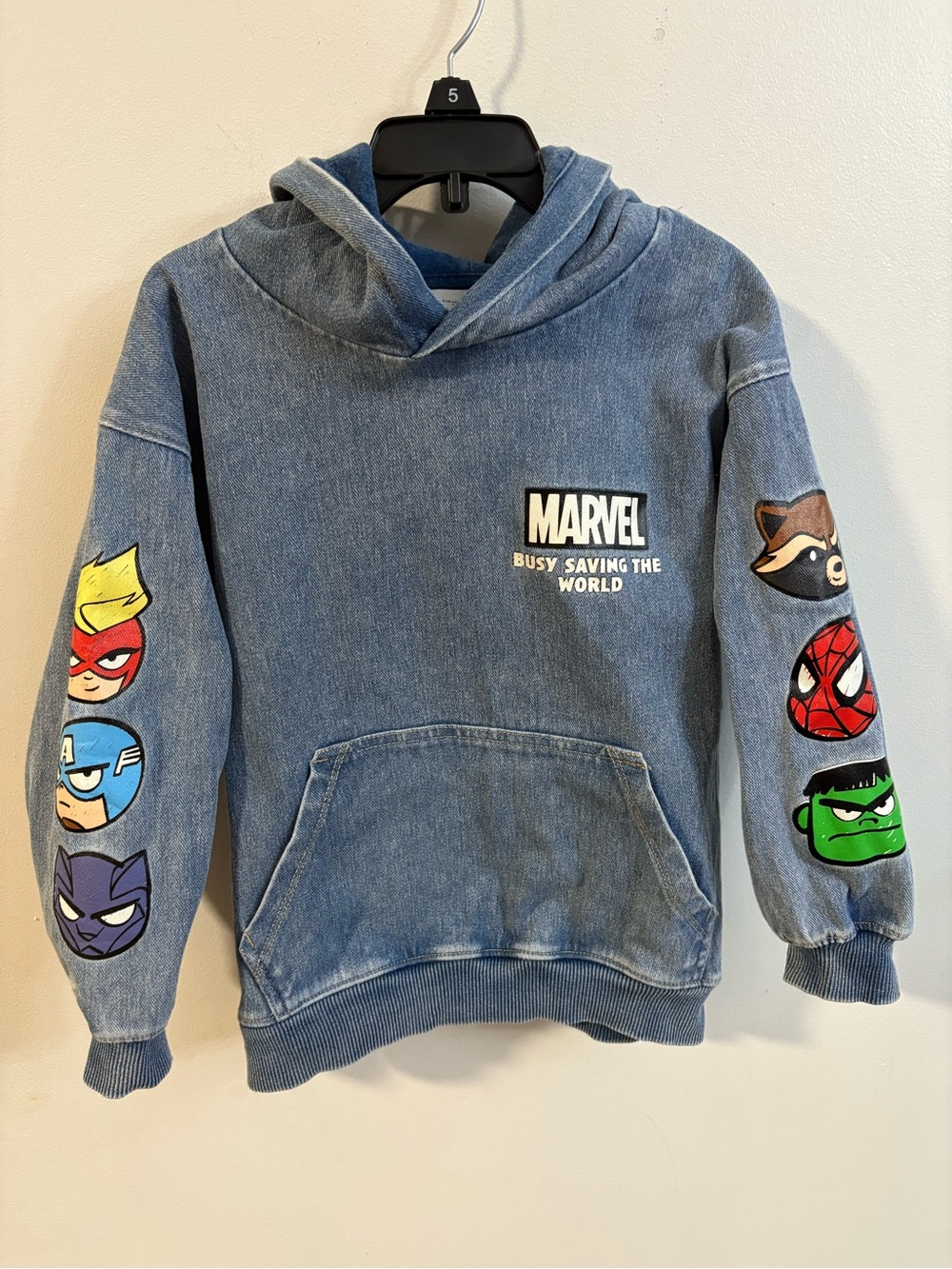 H&M X Marvel Kids Blue Denim-Look Hooded Sweatshirt 4-6 years